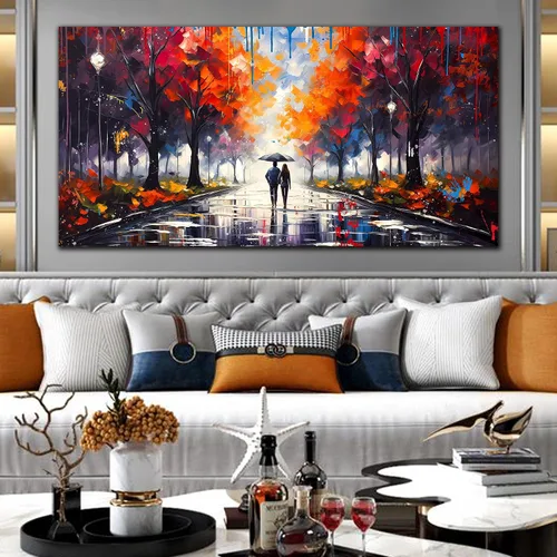 Vista 2 de Lienzo grande para pared de sala de estar, dormitorio, pareja caminando bajo la lluvia, graffiti, árbol rojo, impresiones en lienzo enmarcadas