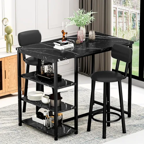 Vista 4 de DKLGG Juego de mesa de comedor para 2, mesa de pub de altura de mostrador con 2 taburetes de bar de PU de respaldo ancho y 3 estantes de Negro