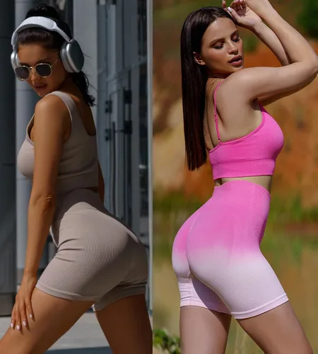 Vista 6 de FINETOO Workout Sets for Women 4 Pieces Ribbed Crop Tank Shorts Active Gym Exercise High Waisted Sports Yoga Outfit S-L