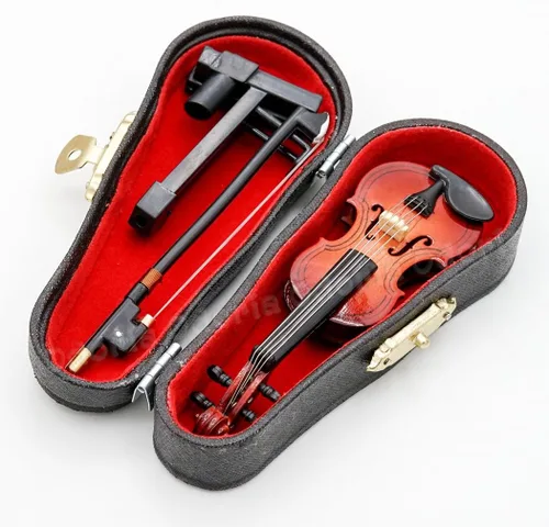 Vista 5 de Odoria 1:12 Violín con soporte de arco y caja de madera, instrumento musical casa de muñecas miniatura