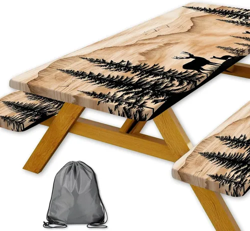 Vista 67 de Funda para Mesa de Picnic con Fundas para Bancos y Bolsa, Campista de Madera Impermeable Resistente al Viento, Cubierta de Mantel Ajustada con Borde