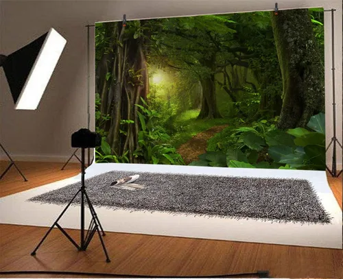 Vista 2 de Telón de fondo de fotos de cuento de hadas de 5 x 3 pies para niños, fiesta de cumpleaños, eventos, decoración de bosque perenne, selva, paisaje