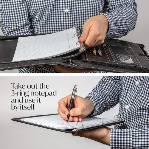 Vista 5 de Cartera profesional de cuero Carpeta con cremallera para entrevistas de negocios Organizador de 3 anillos para tabletas de hasta 13 pulgadas