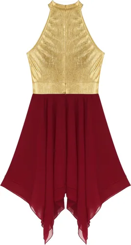 Vista 5 de Vestido de mujer de alabanza litúrgica con bloques de color, sin mangas, con dobladillo irregular, de estilo lírico para danza Borgoña