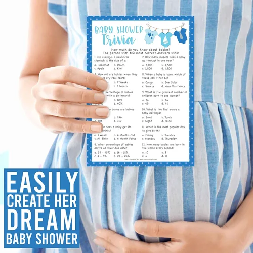 Vista 8 de Hadley Designs Juegos de baby shower para 25 invitados – Juego de trivia Blue Clothesline Boy Baby Shower, Find The Guest Babyshower Game Boy