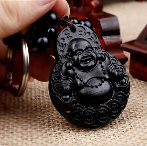 Vista 2 de Betterdecor Feng Shui madera tallada chino feliz Buda dinero Buda llavero amuleto, Negro
