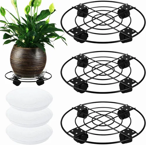 Vista 9 de Paquete de 3 cajas grandes de metal para plantas de 13 pulgadas con ruedas, soporte rodante de hierro forjado resistente con ruedas para macetas