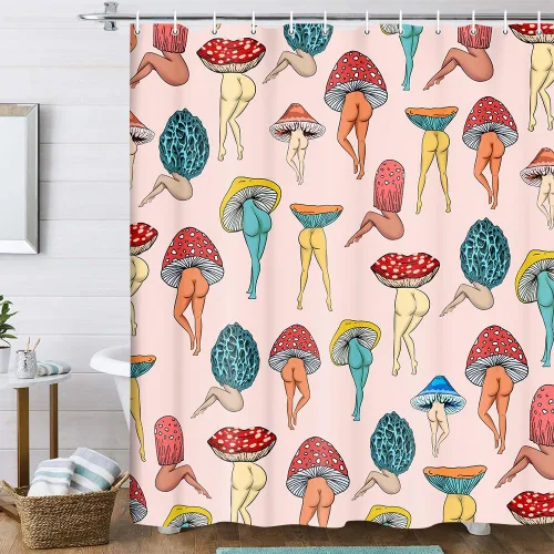 Vista 8 de Divertida cortina de ducha con trasero de hongo, divertida y sexy, de los años 70 y 80, cortinas de ducha de tela para baño, hippie, psicodélico