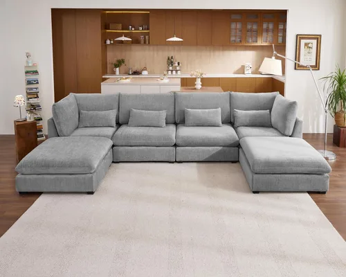 Vista 63 de Sofá Modular de Tamaño Grande, Sofá Seccional de Chenilla Cloud Extra Profundo con Chaise Otomana, Sofá Cama de Chenilla Esponjosa de 5 Asientos