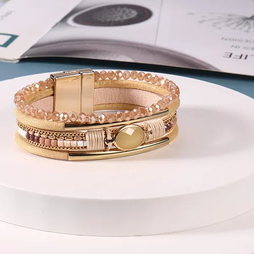 Vista 3 de FANCY SHINY- Pulseras de cuero de la envoltura de cuentas de cristal de la pulsera Boho Cuff piedra, dije, pulseras con cierre magnético de joyería
