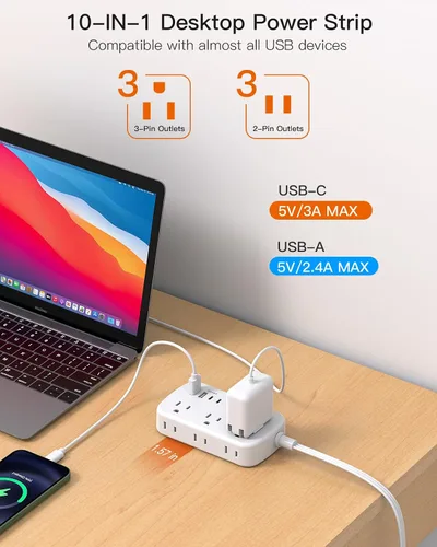 Vista 5 de Regleta de alimentación de 15 pies con enchufe plano y USB C, cable de extensión plano BESHON, 6 tomas de corriente 4 puertos USB (2 USB C), sin