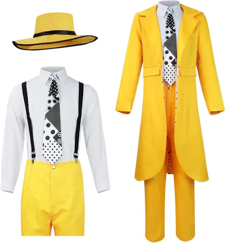 Vista 3 de Fedtoku Disfraz de Jim Carrey para hombre, disfraz de máscara para hombre, chaqueta de cosplay amarilla, pantalones para Halloween