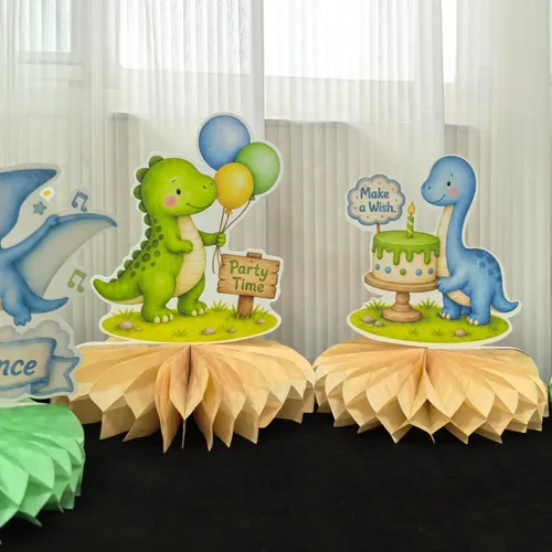 Vista 5 de ALISSAR 12 Pcs Dinosaur Honeycomb Centerpieces, Boy Dino Birthday Decor Blue