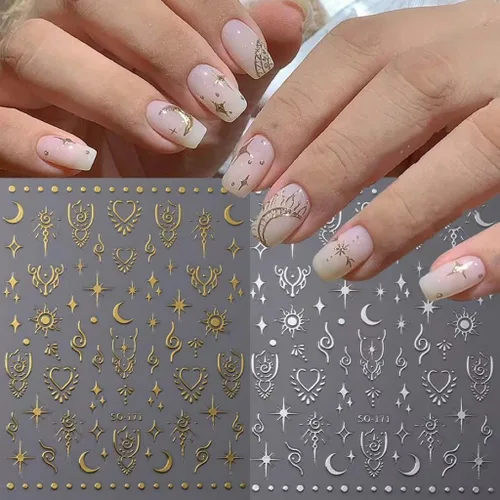 Vista 4 de 8 hojas de calcomanías para uñas de sol, luna, estrella para mujer, calcomanías láser 3D, oro rosa, plata, calcomanías para suministros de uñas