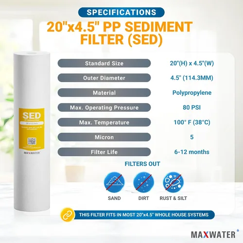 Vista 5 de Max Water Carcasa universal para filtro de agua para toda la casa, cartucho de carbono de sedimentos de 20 x 4.5 pulgadas, sistema de prefiltración