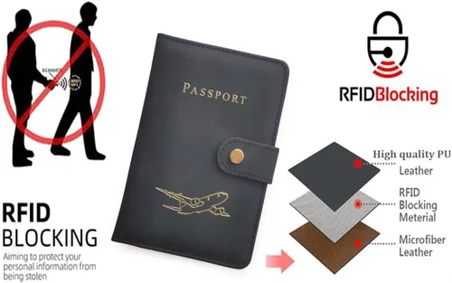 Vista 5 de Soporte para pasaporte con múltiples ranuras para tarjetas, funda para pasaporte con bloqueo RFID, elegante diseño unisex para hombres y mujeres
