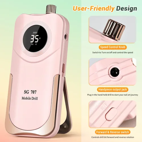 Vista 3 de JEWHITENY Taladro de uñas profesional recargable 35000 RPM, SG707 lima de uñas eléctrica con 6 brocas para uñas acrílicas, eliminación de pulido
