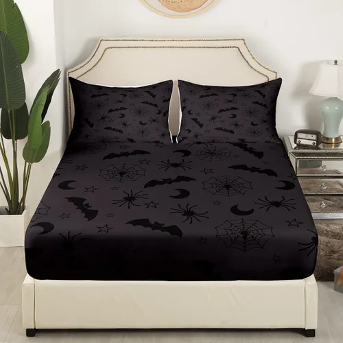 Vista 18 de Juego de sábanas bajeras con bonito diseño de gato negro para niños y niñas, diseño de dibujos animados de Halloween, gato, animales, sábanas