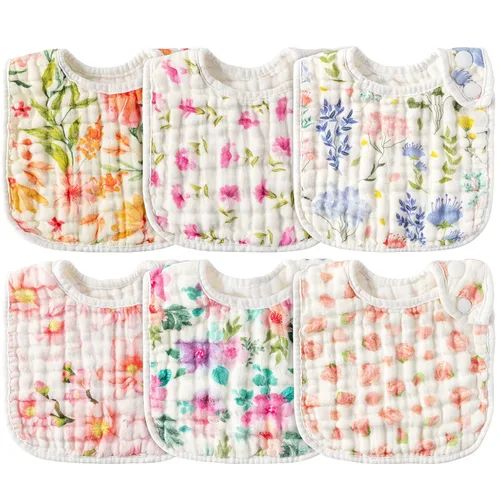 Vista 14 de Zainpe 6 piezas de baberos de algodón de muselina con broches para bebé con patrón de conejo, oso, oveja, pañuelos para babero suaves, absorbentes