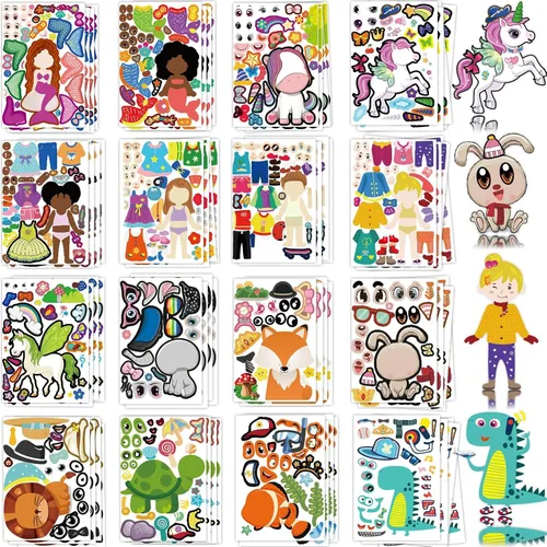 Vista 9 de Paquete de 100 calcomanías para hacer tu propia cara de animal, 25 diseños, divertidas calcomanías de cara de princesa princesa princesa para niños
