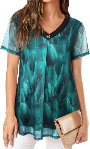 Vista 3 de SeSe Code Blusas plisadas de malla elástica para mujer, de manga corta, transpirables y fluidas