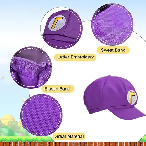 Vista 3 de Disfraz de cosplay de Halloween incluye sombrero amarillo unisex para adultos y niños, gorra morada, bigote, guantes, botones, tirantes accesorios