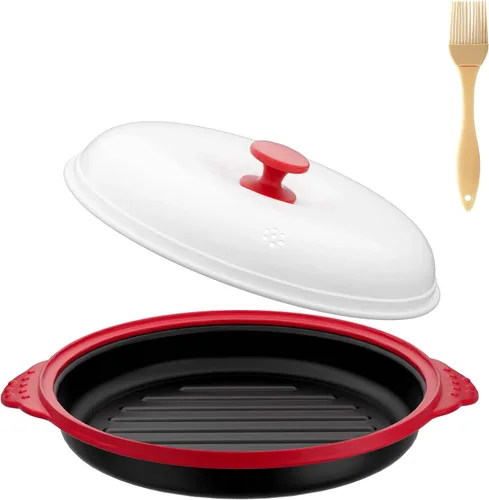Vista 10 de Sartén parrilla para microondas con tapa de vidrio, parrillera y sartén crujiente para microondas para asar, freír, dorar y hacer crujiente