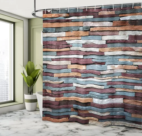 Vista 4 de Ambesonne Cortina de ducha urbana, superficie de piedra de color, textura de fondo, estilo retro, imagen de pared de ladrillo urbano, juego