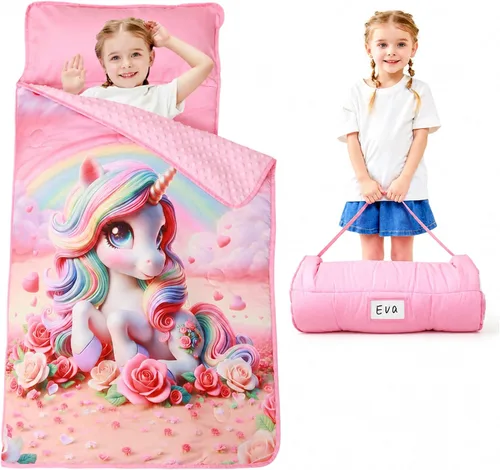 Vista 31 de Lasoftan Tapete para siesta para niños con almohada y manta, tapetes enrollados extra grandes para siestas, bolsas de dormir para niños y niñas