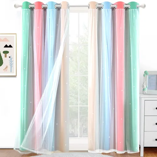 Vista 10 de Cortinas Opacas con Corte de Estrella Arcoíris para Dormitorio de Niñas - Doble Capa con Ojales Superiores para Sala de Estar, 2 Paneles