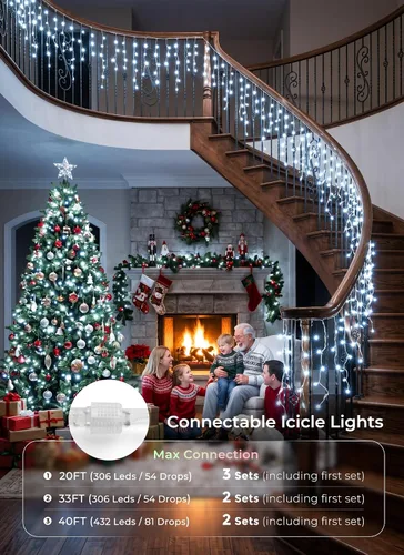 Vista 4 de Luces de Navidad de carámbano para exteriores, 40 pies, 432 LED, impermeables, para exteriores, 8 modos de iluminación, con control remoto