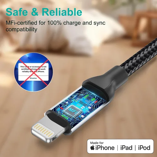 Vista 4 de Cable Lightning corto de 6 pulgadas, carga rápida, cable USB a Lightning de Negro