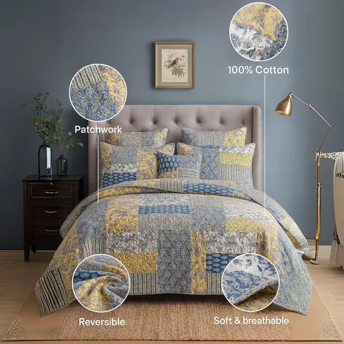 Vista 2 de DaDa Bedding Honey Cove - Colcha de retazos florales – Juego de colcha reversible acolchada de algodón con estampado de cachemira para jardín, casa