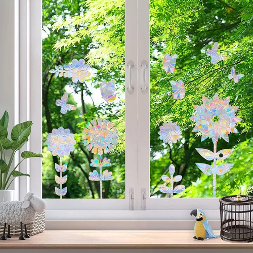 Vista 6 de Calcomanías de ventana de flores, anticolisión de mariposa, calcomanías para salvar a los pájaros de colisiones de ventanas, vinilo prismático