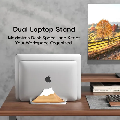 Vista 5 de AFOOYO Soporte vertical doble para laptop, soporte ajustable de madera en forma de pico de nieve, base de escritorio con 2 ranuras compatible