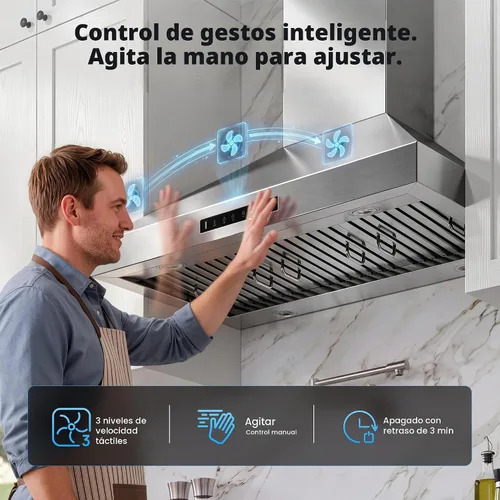 Vista 6 de IKTCH Campana extractora de montaje en pared de 36 pulgadas 900 CFM convertible, ventilación de chimenea de cocina de acero inoxidable con sensor