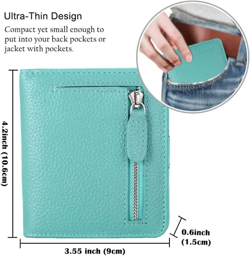 Vista 6 de Funtor Cartera de cuero para mujer, pequeña y compacta, con bolsillo doble, bloqueo RFID, para mujer