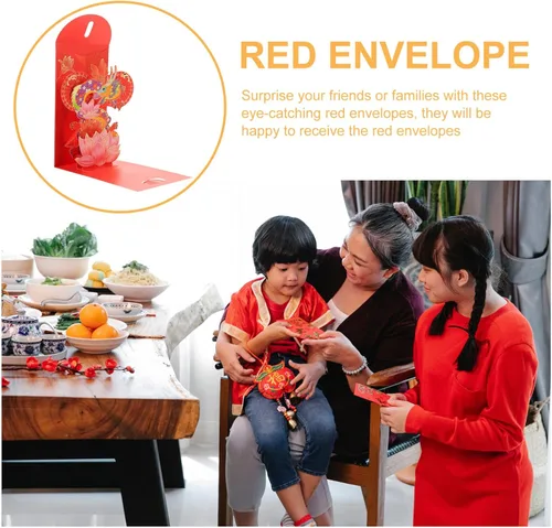 Vista 6 de Vaguelly Sobres rojos de año nuevo 3D 2024, 4 unidades, loto chino, carácter, año del dragón, Fengshui, Fortuna, sobre Hong Bao Lucky Money Red