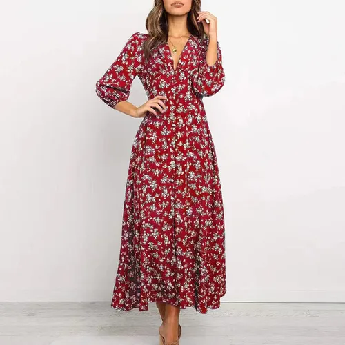 Vista 2 de Vestidos hawaianos para mujer, vestido de playa bohemio floral elegante de verano 2023, con cuello en V cruzado, vestido largo fruncido y fluido