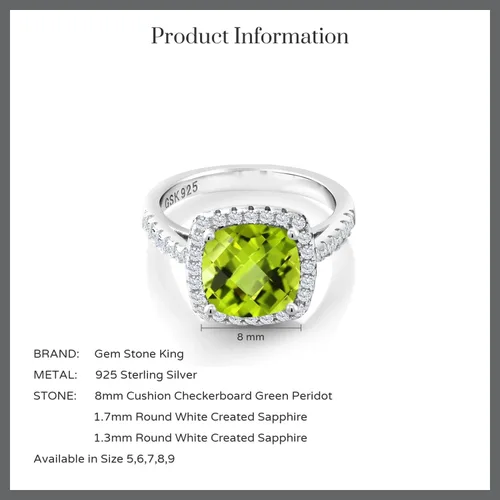 Vista 6 de Gem Stone King Anillo de compromiso de mujer de plata de ley 925 con peridoto verde y zafiro blanco creado para mujer