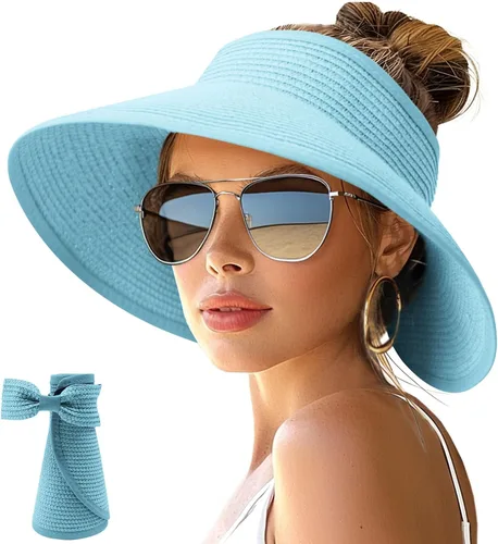 Vista 22 de NPJY Sun Hats for Women Wide Brim Roll-Up Ponytail Packable Straw Visor Blanco