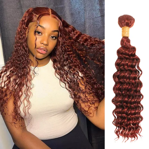 Vista 21 de Cabello Humano Rizado Castaño Rojizo, Trama Gruesa Castaño Cobrizo Rojo Coloreado Ondas Profundas Paquetes Individuales Cabello Humano 12A Tejido