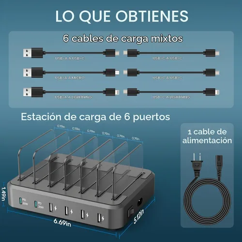 Vista 6 de Estación de carga para múltiples dispositivos, 65 W, 6 puertos, estación de carga rápida USB C con 6 cables de carga mixtos, base de carga