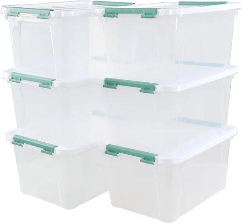 Vista 10 de Caja de plástico transparente de 10 L, contenedor de almacenamiento de plástico con tapas, paquete de 4 Clear Plastic Material, Snap Side Latches