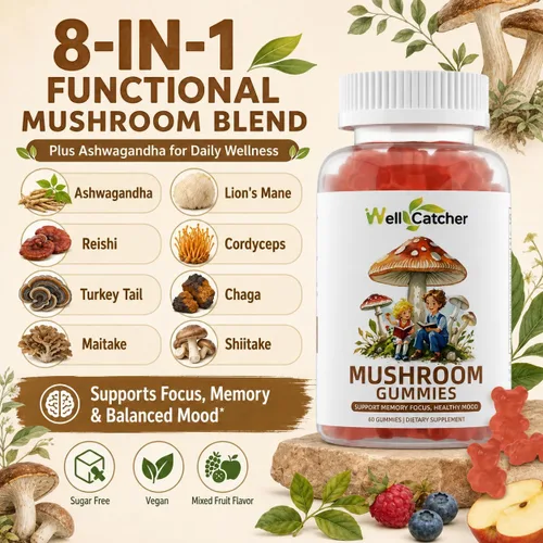 Vista 4 de Suplemento de gomitas de hongos con Ashwagandha - Suplemento de hongo de melena de león para adultos y niños con Reishi Cordyceps suplementos