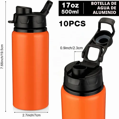 Vista 2 de Shellwei 10 botellas de agua de aluminio de 17 onzas reutilizables con tapas a presión, botella de agua de metal, ligera, portátil, botella de agua