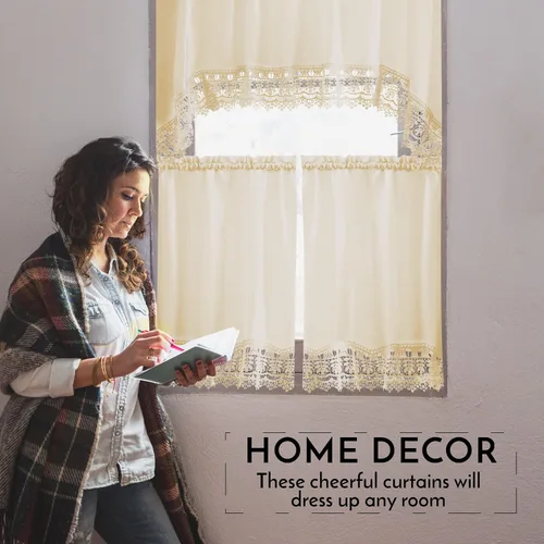 Vista 4 de American Linen - Cortinas para cafetería para cocina, cortinas de baño con cenefa, borde de encaje bordado. (Beige) Incluye cenefa a juego