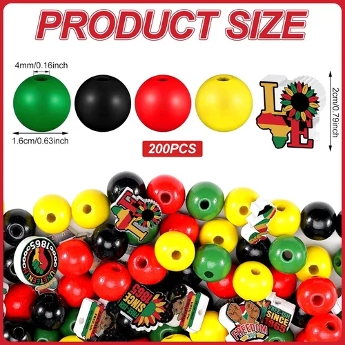 Vista 2 de Fabbay Juneteenth - 200 cuentas de madera de color negro, rojo, verde, amarillo, 1865, adornos de madera del Día de la Libertad con cuerda de cáñamo