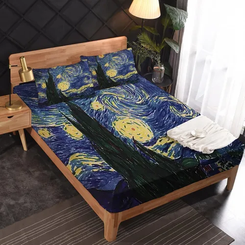 Vista 3 de NOGAWA Juego de sábanas de noche estrellada, tamaño individual, sábanas artísticas, sábanas y fundas de almohada estampadas de 3 piezas, sábana