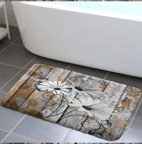 Vista 27 de JAWO Alfombra de baño con flores de granja, dalia en tablones de madera rústica, juego de tapetes de baño con flores azules, en forma de U